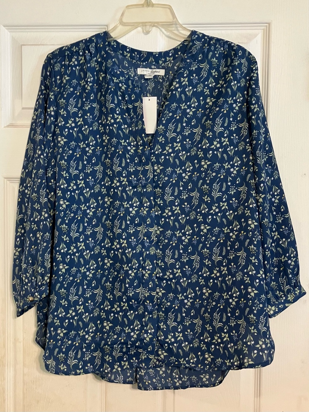 Women’s JACHS Petite Floral Split-Neck Blouse - Navy Size M Lightweight V-neck
